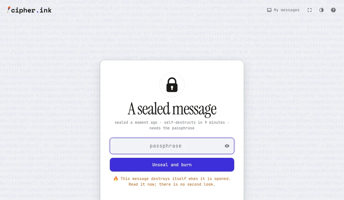 The lock card of a sealed message: the sealed time, a passphrase box, an Unseal and burn button and a warning that the message destroys itself when opened.